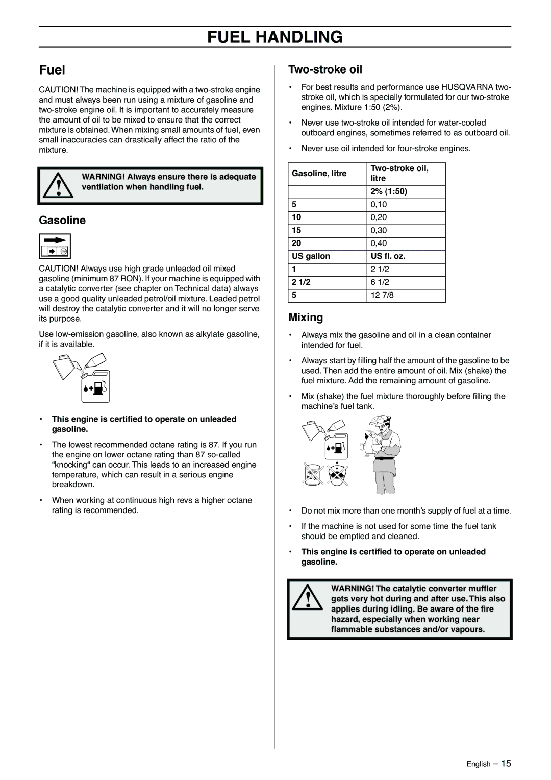 Husqvarna 323C manual Fuel Handling, Gasoline, Two-stroke oil, Mixing 