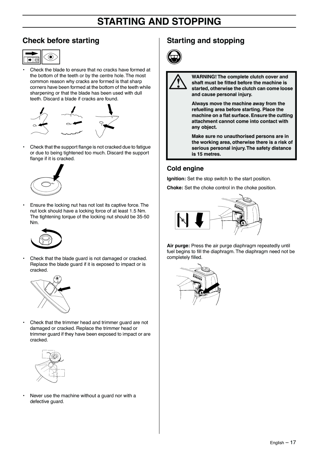 Husqvarna 323C manual Starting and Stopping, Check before starting, Starting and stopping, Cold engine 