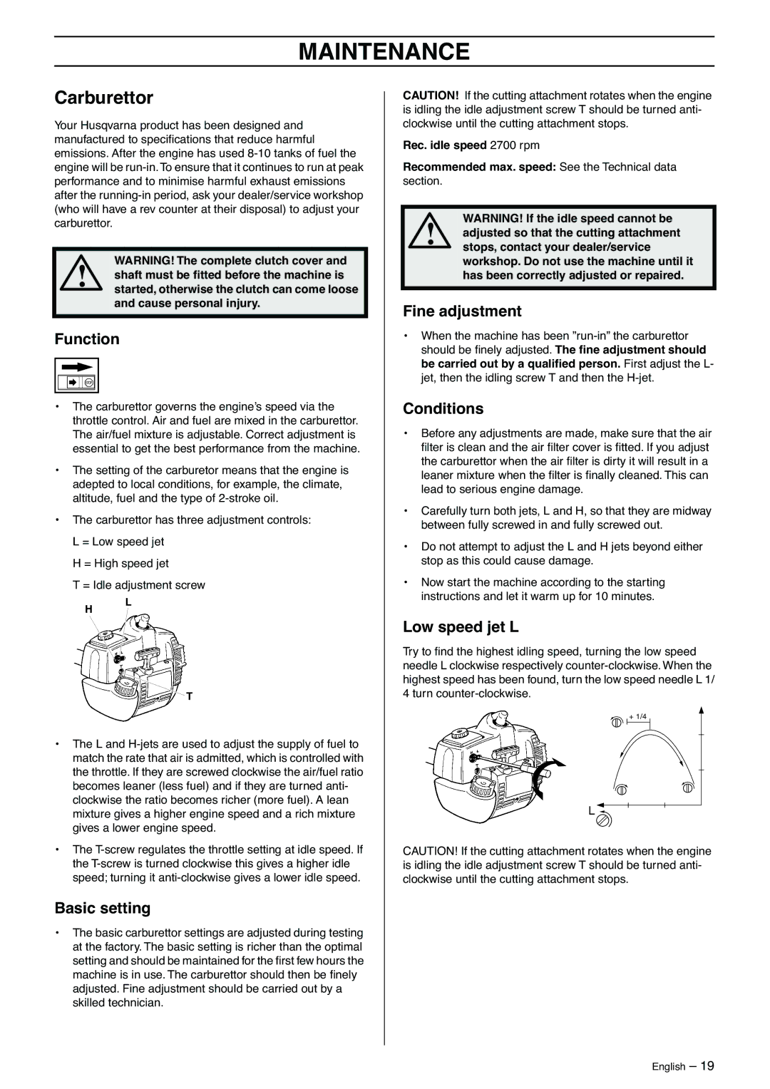 Husqvarna 323C manual Maintenance, Carburettor 