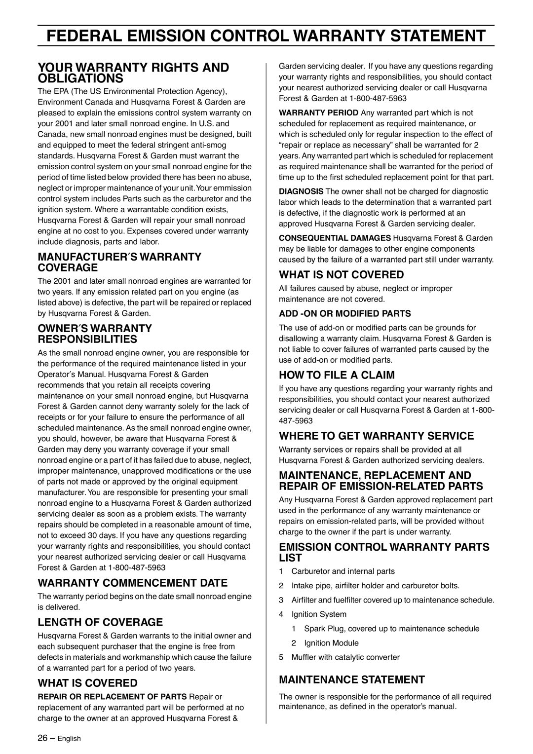 Husqvarna 323C manual Federal Emission Control Warranty Statement, Your Warranty Rights and Obligations 