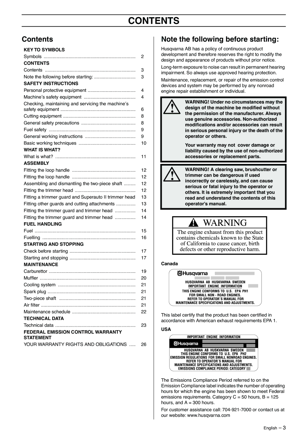 Husqvarna 323C manual Contents 