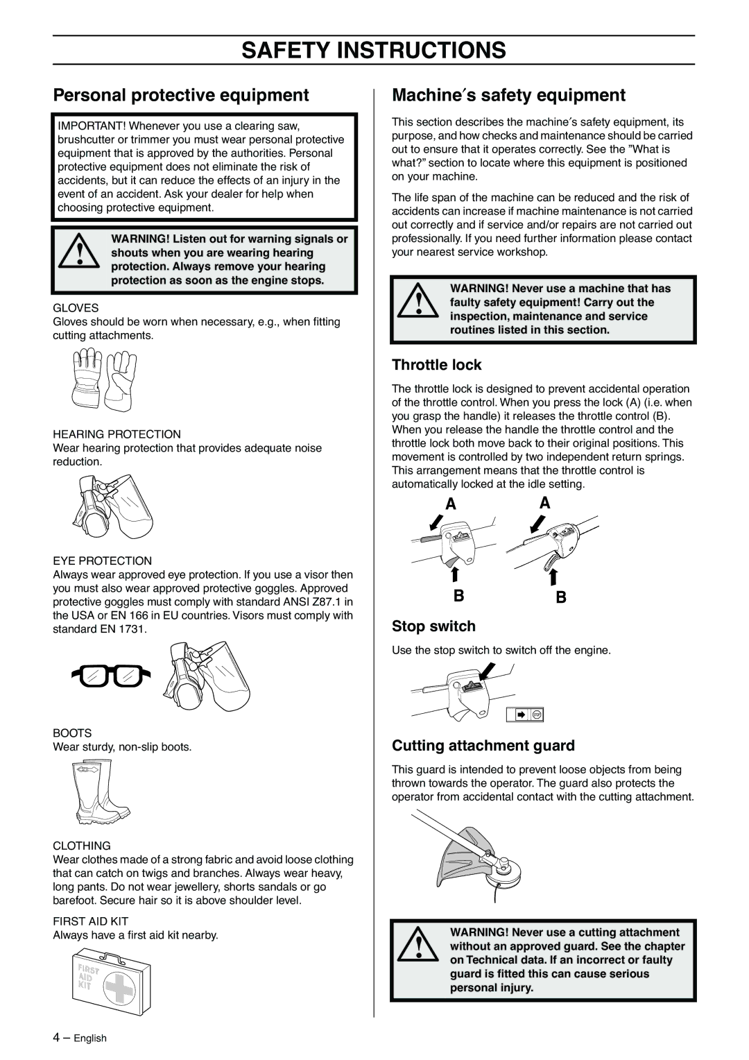 Husqvarna 323C manual Safety Instructions, Personal protective equipment, Machine′s safety equipment 