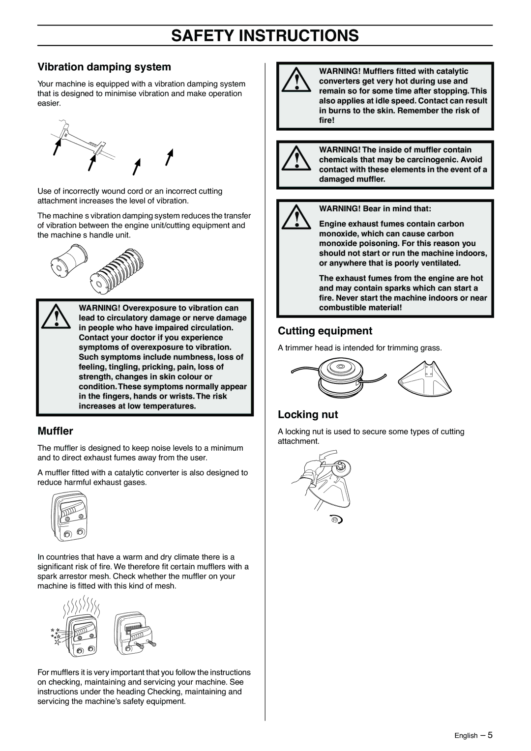 Husqvarna 323C manual Vibration damping system, Mufﬂer, Cutting equipment, Locking nut 