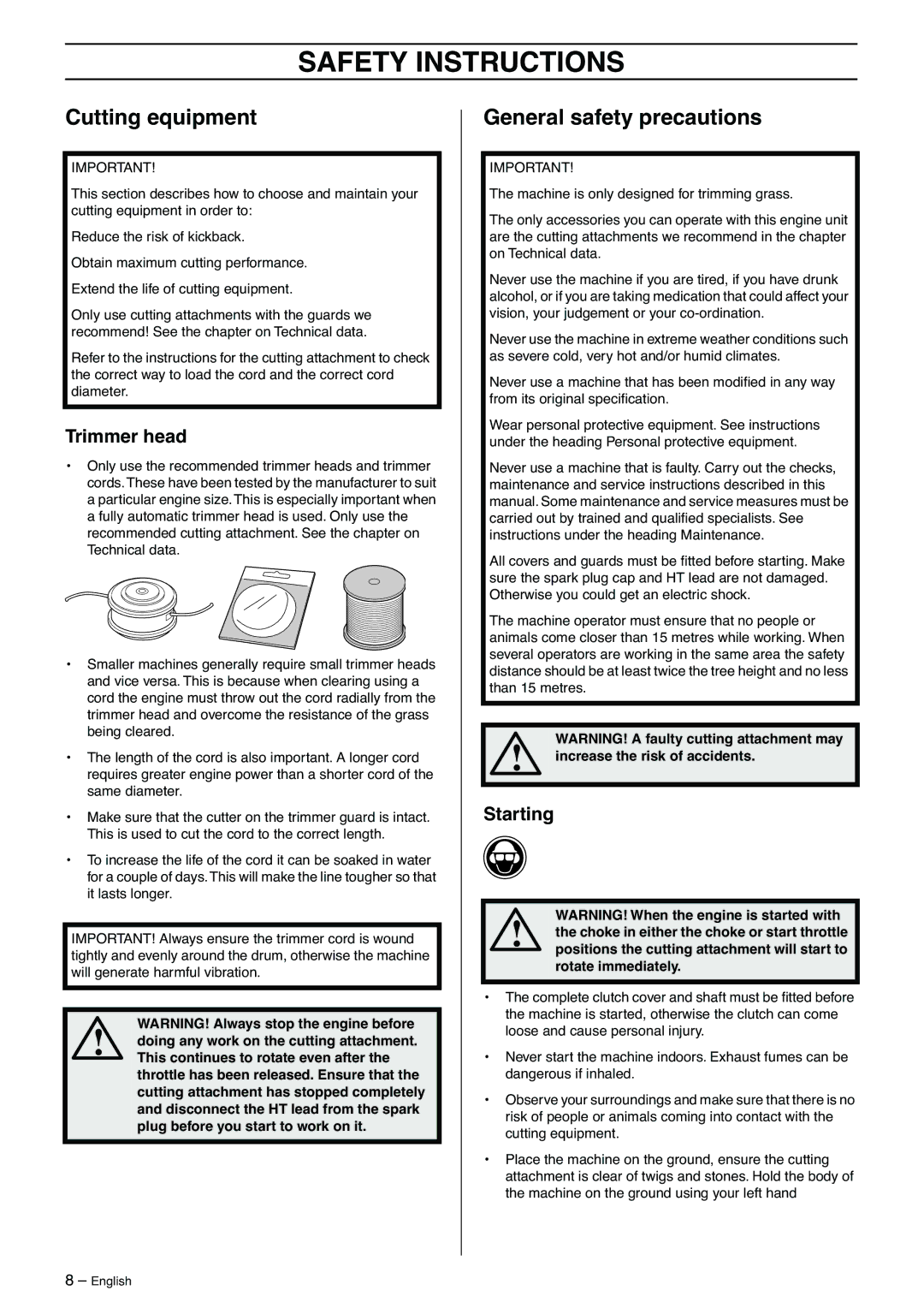 Husqvarna 323C manual Cutting equipment, General safety precautions, Trimmer head, Starting 