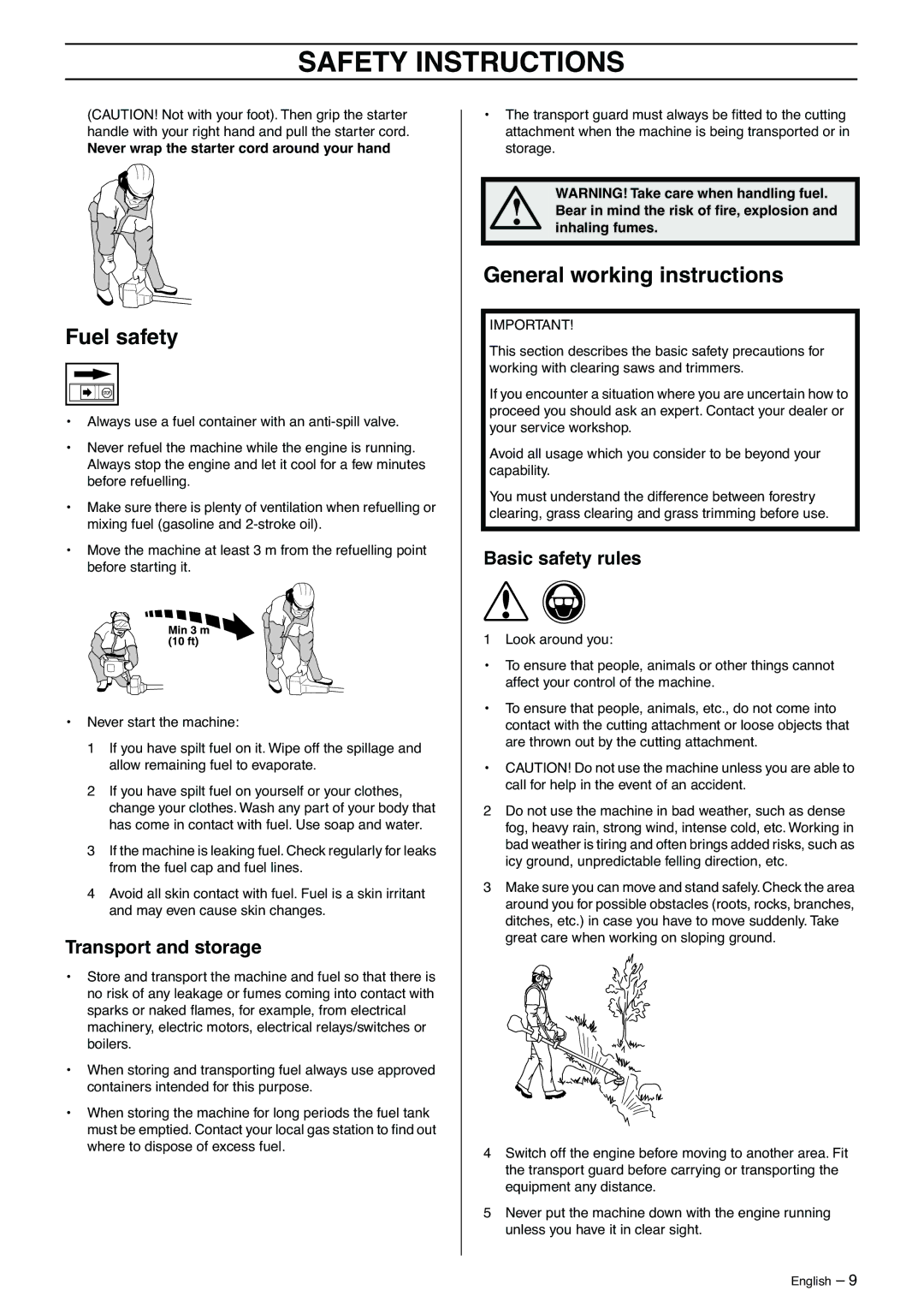 Husqvarna 323C manual Fuel safety, General working instructions, Transport and storage, Basic safety rules 