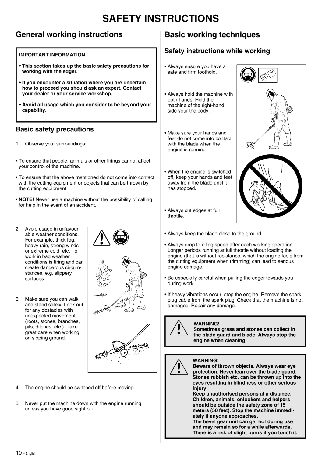 Husqvarna 323E, 325E manual General working instructions, Basic working techniques, Basic safety precautions 