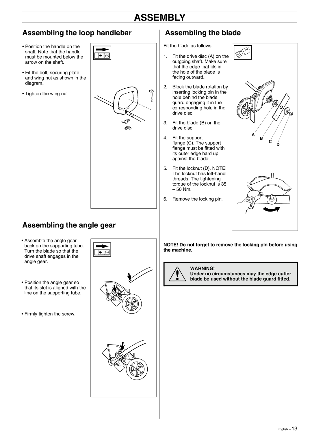 Husqvarna 323E, 325E manual Assembly, Assembling the blade, Assembling the angle gear 