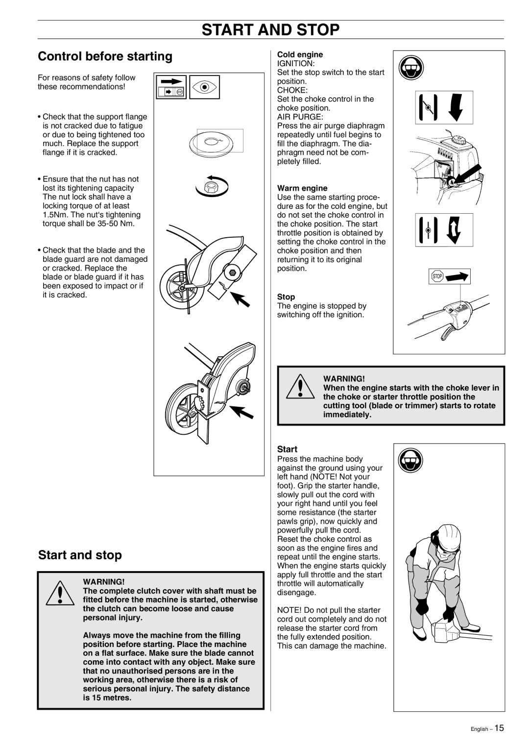 Husqvarna 323E, 325E manual Start and Stop, Control before starting, Start and stop 