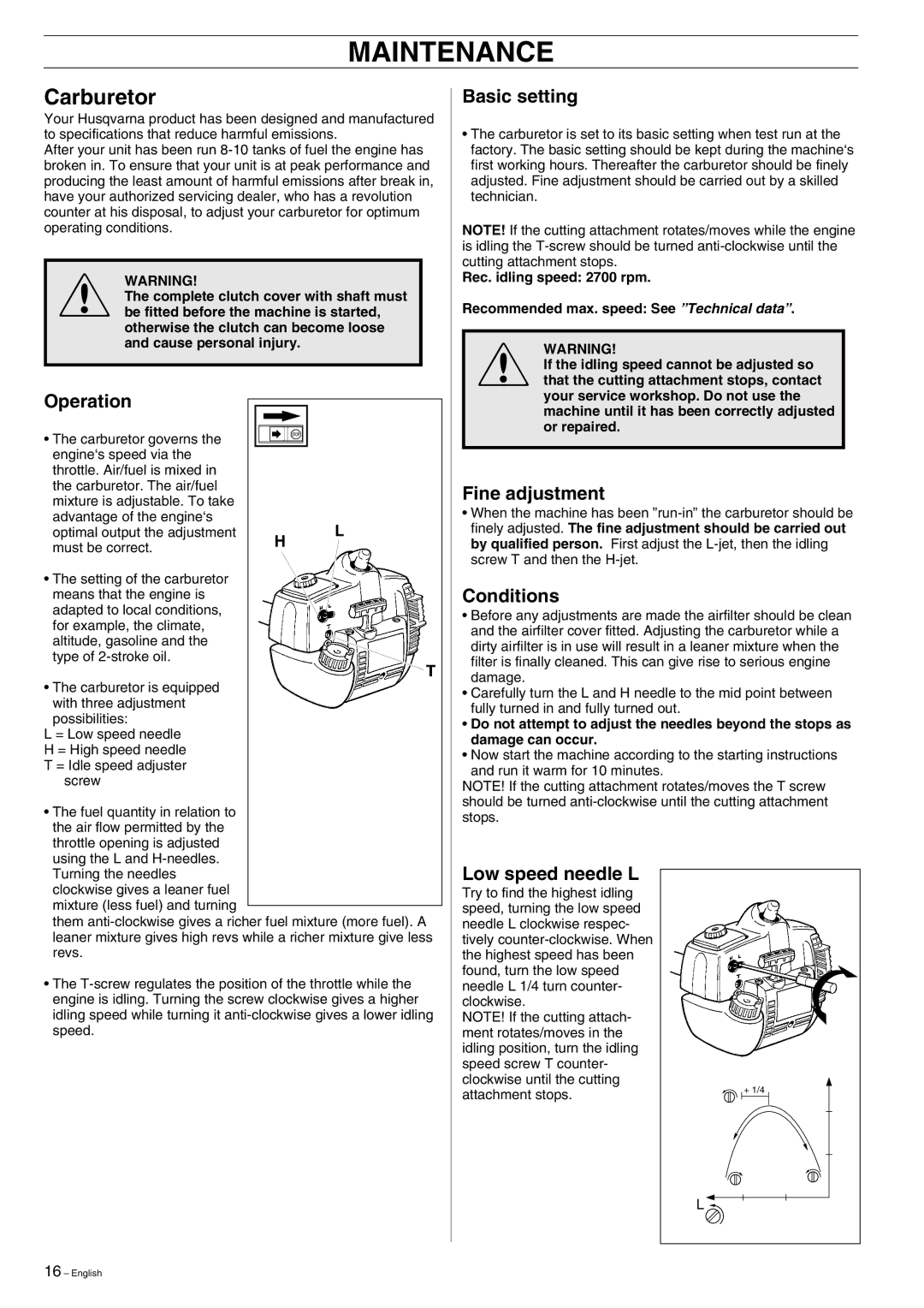 Husqvarna 323E, 325E manual Maintenance, Carburetor 