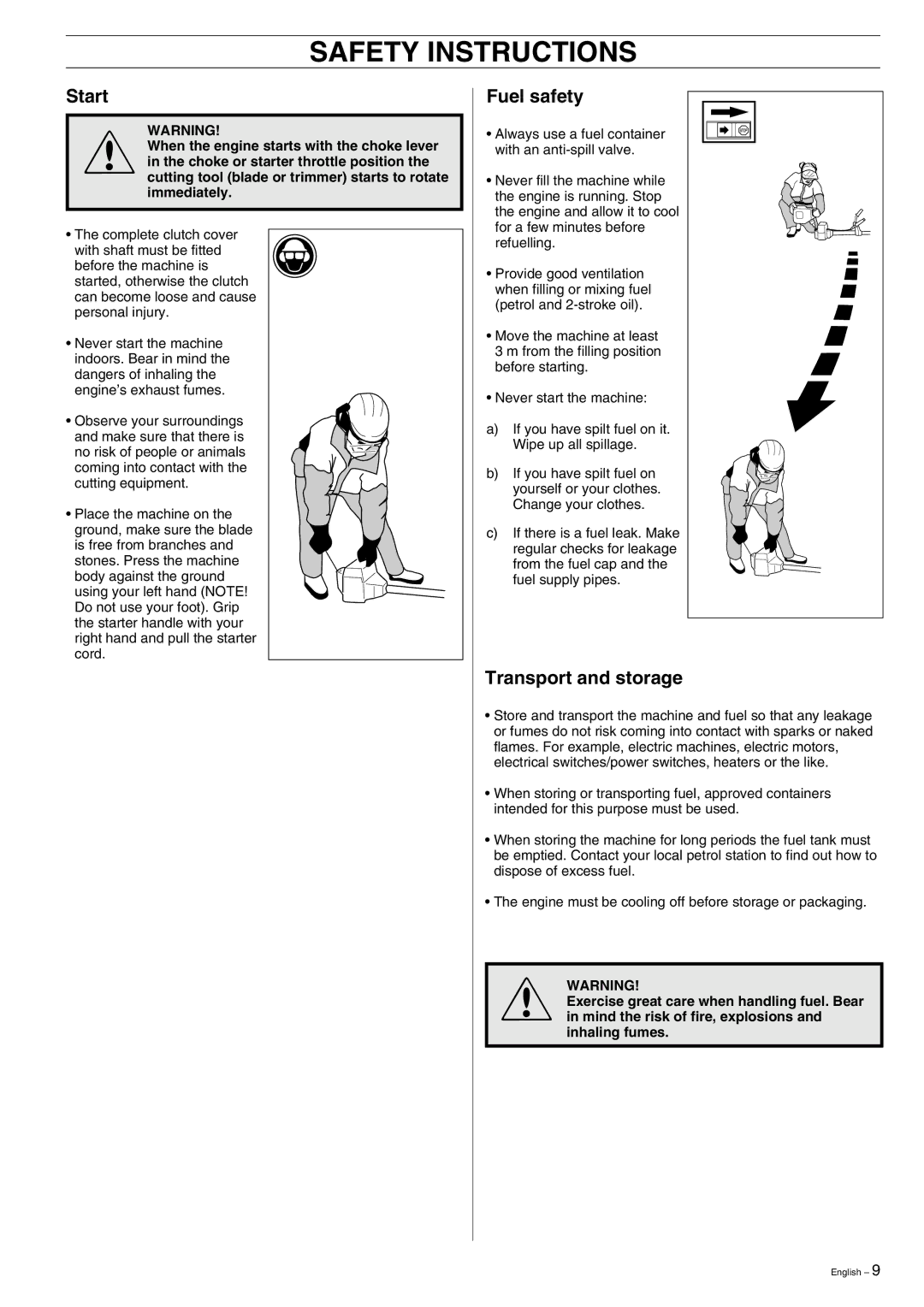 Husqvarna 323E, 325E manual Start, Fuel safety, Transport and storage 