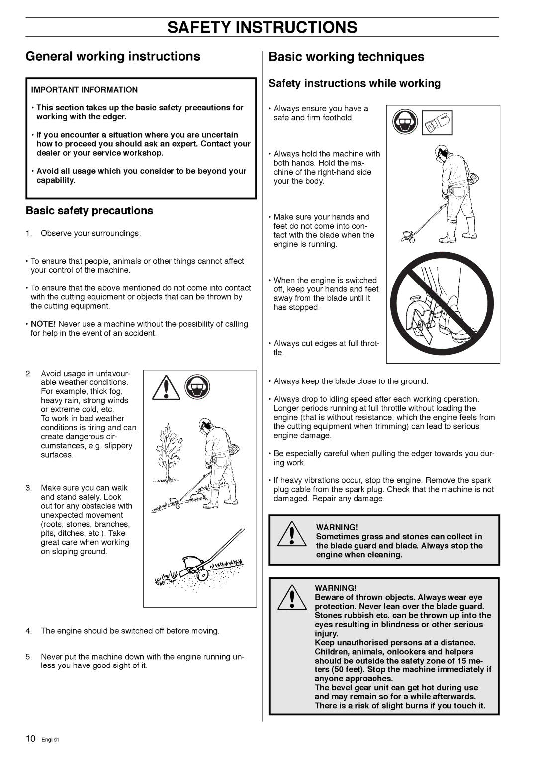 Husqvarna 323E manual General working instructions, Basic working techniques, Basic safety precautions 