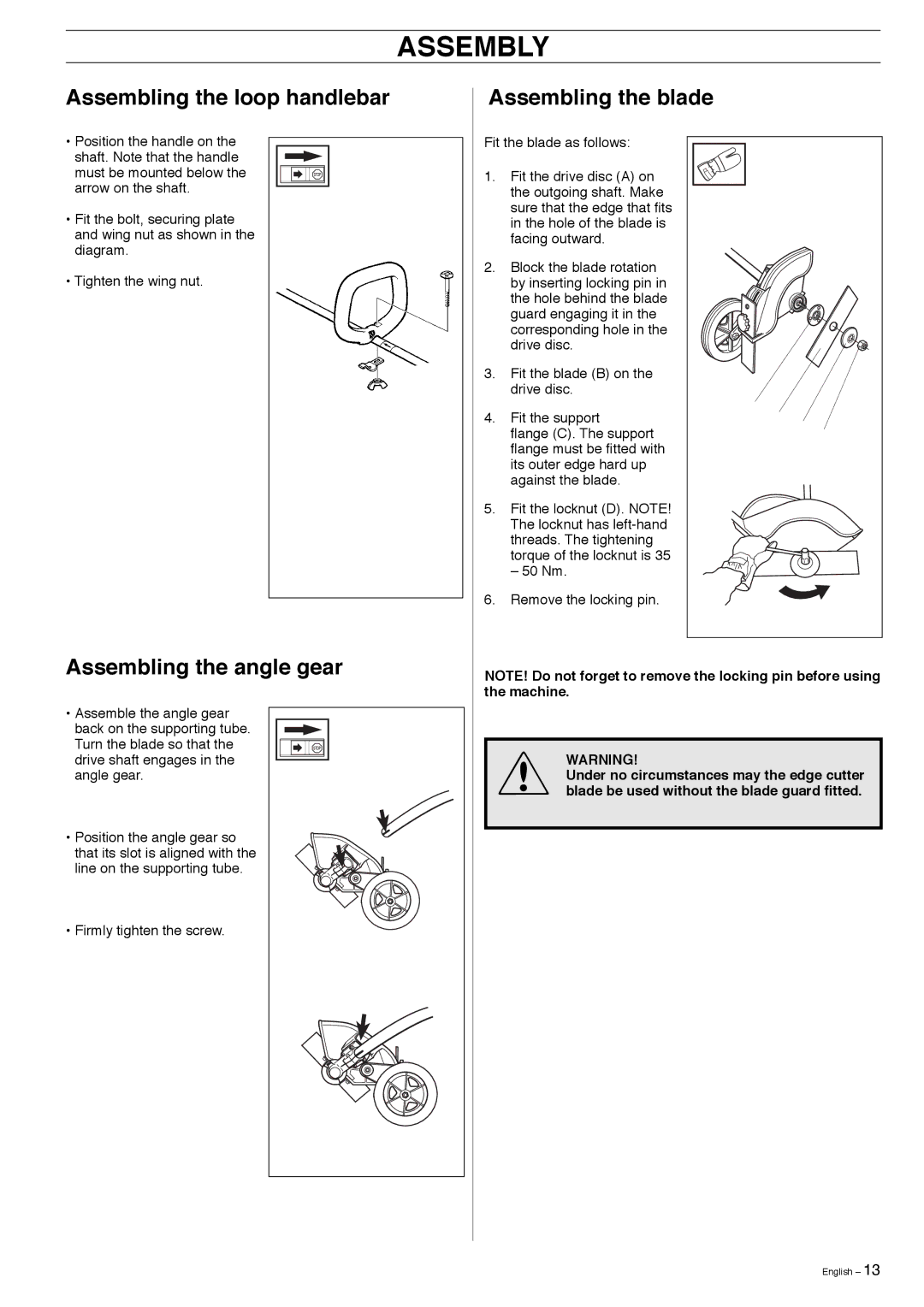 Husqvarna 323E manual Assembly, Assembling the loop handlebar, Assembling the angle gear, Assembling the blade 