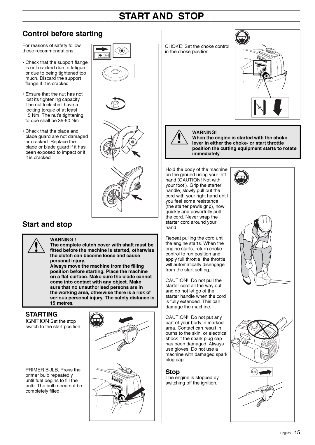 Husqvarna 323E manual Start and Stop, Control before starting, Start and stop 