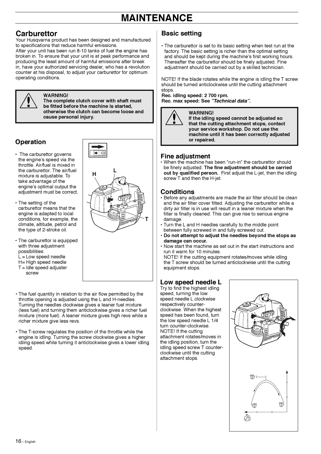 Husqvarna 323E manual Maintenance, Carburettor 