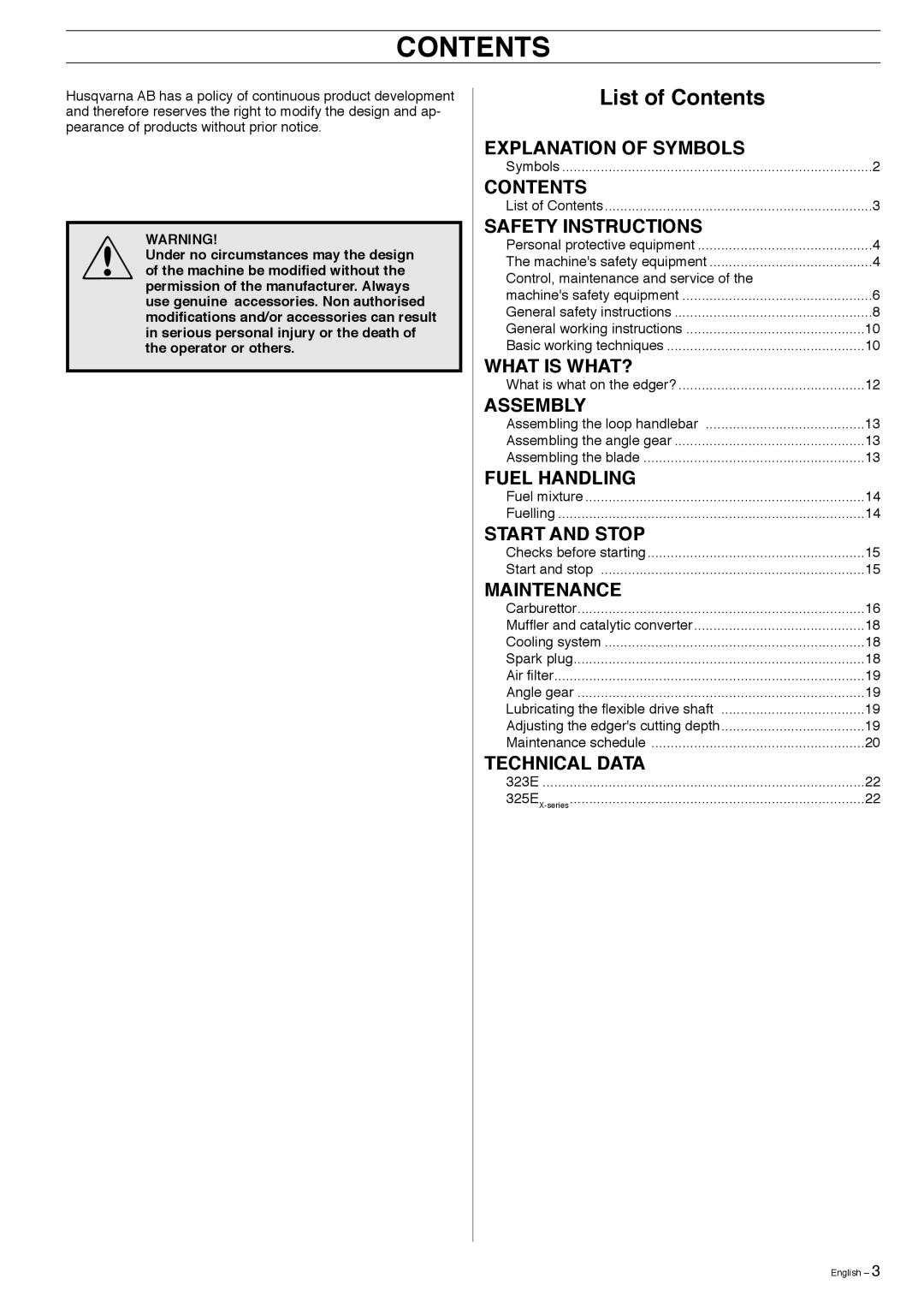 Husqvarna 323E manual Contents 