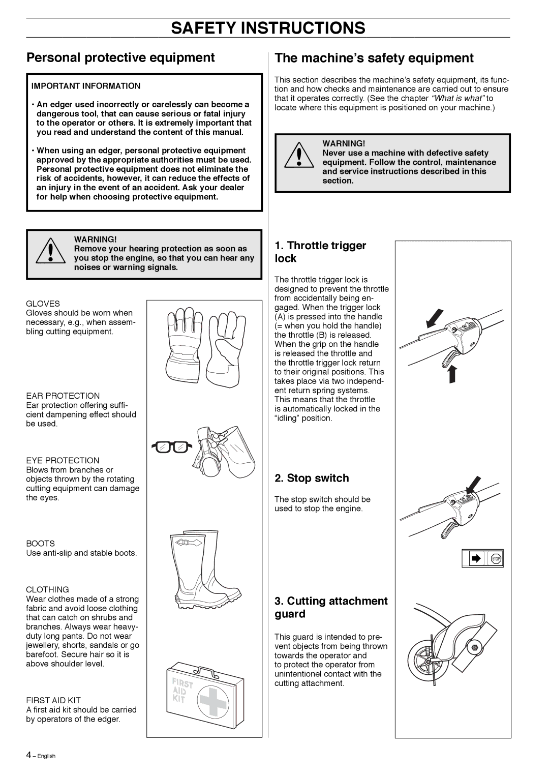 Husqvarna 323E manual Safety Instructions, Personal protective equipment, Machineʼs safety equipment 