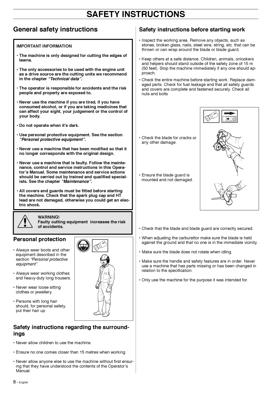 Husqvarna 323E manual General safety instructions, Personal protection, Safety instructions regarding the surround- ings 