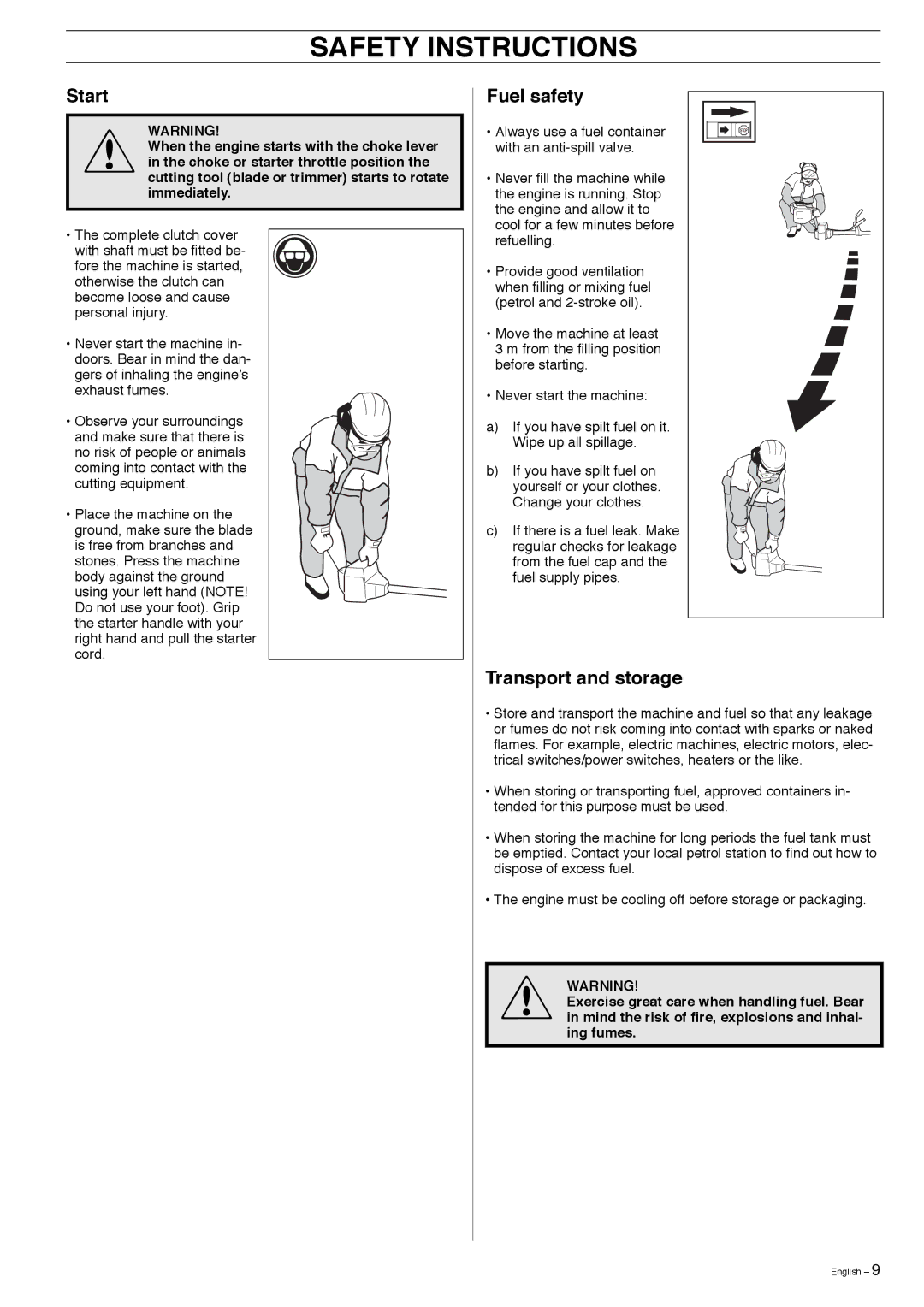 Husqvarna 323E manual Start, Fuel safety, Transport and storage 