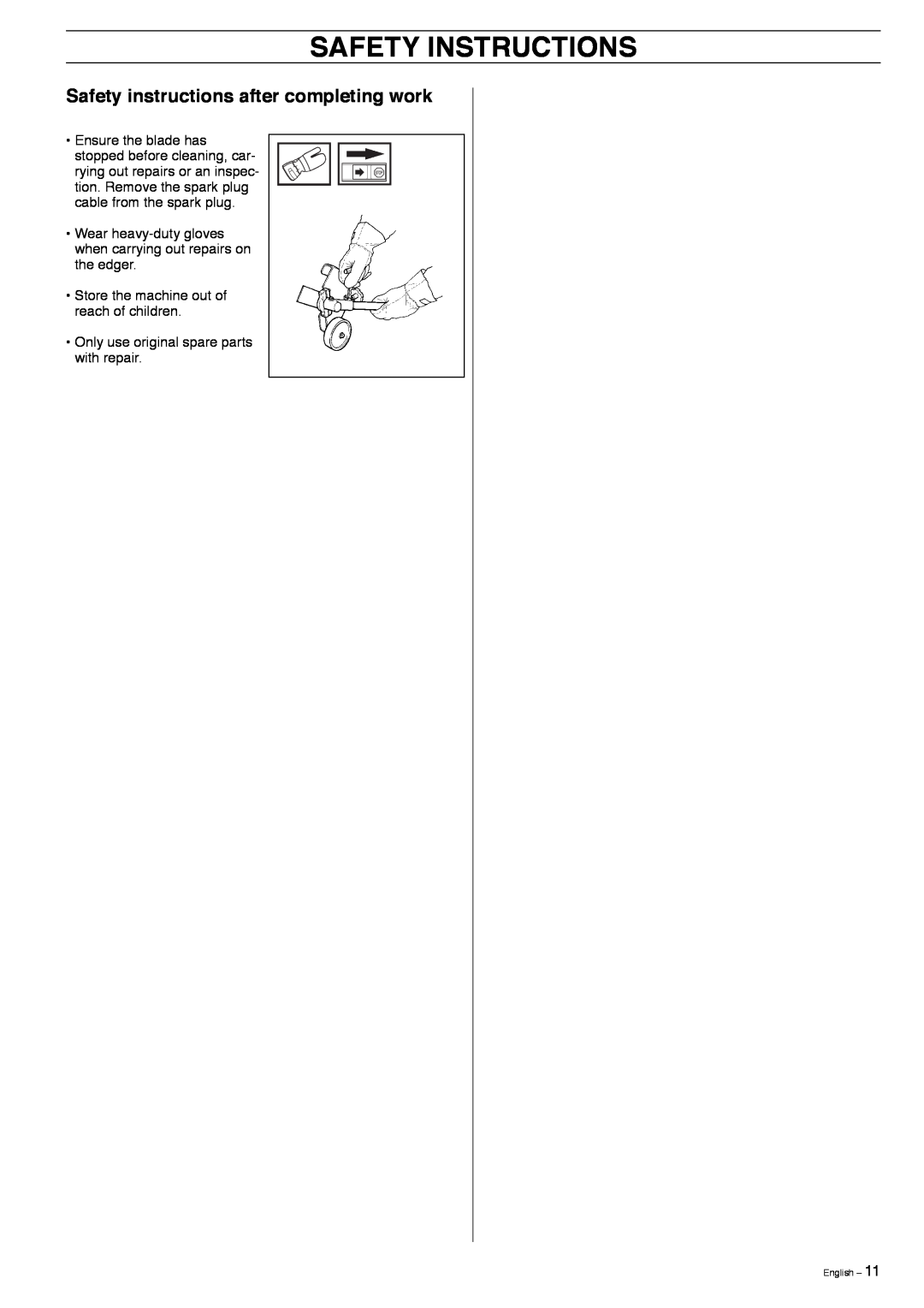 Husqvarna 323E Safety instructions after completing work, Safety Instructions, Store the machine out of reach of children 