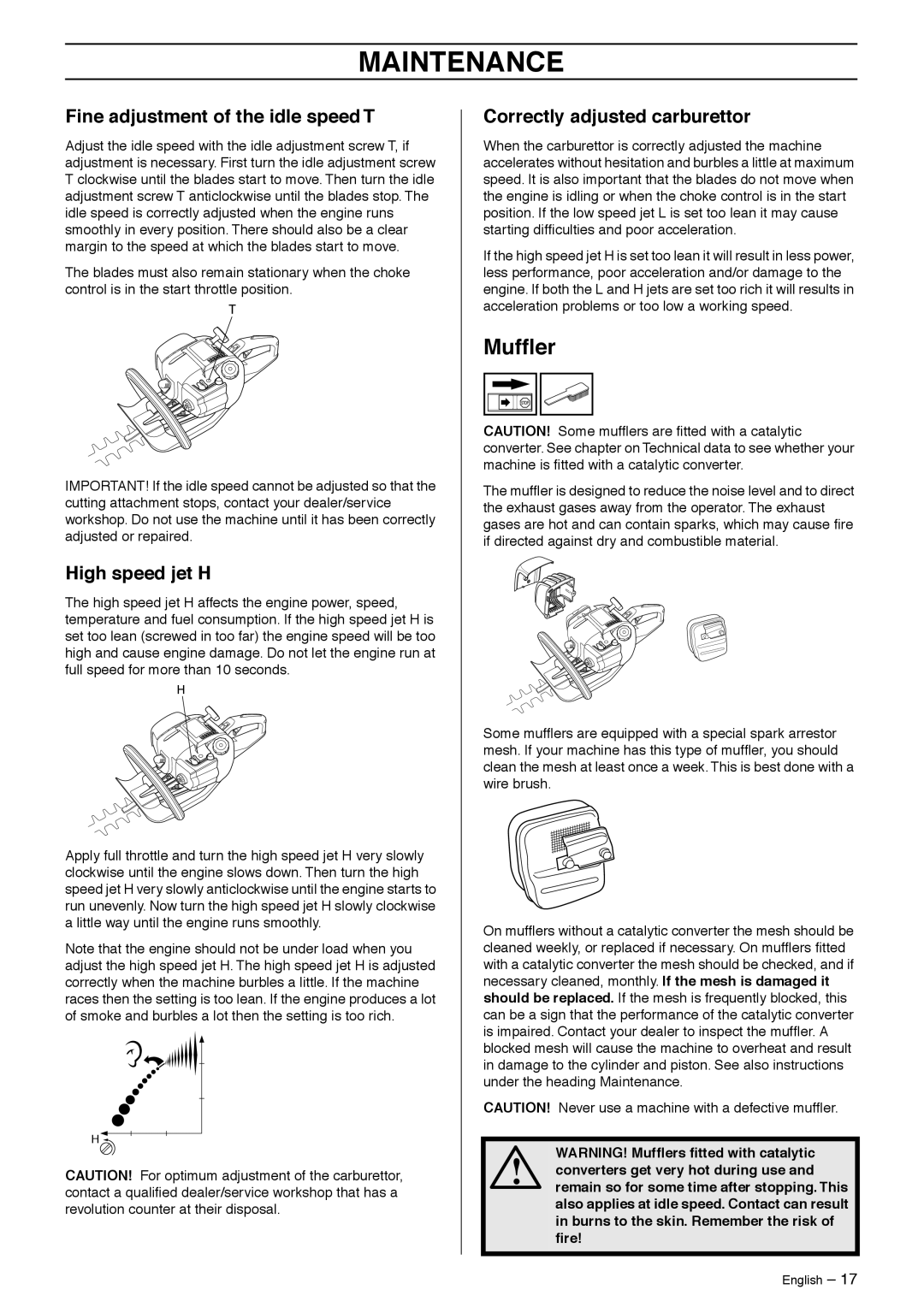 Husqvarna 323HD60, 325HD60X-Series, 325HD75X-Series manual Mufﬂer, Fine adjustment of the idle speed T, High speed jet H 