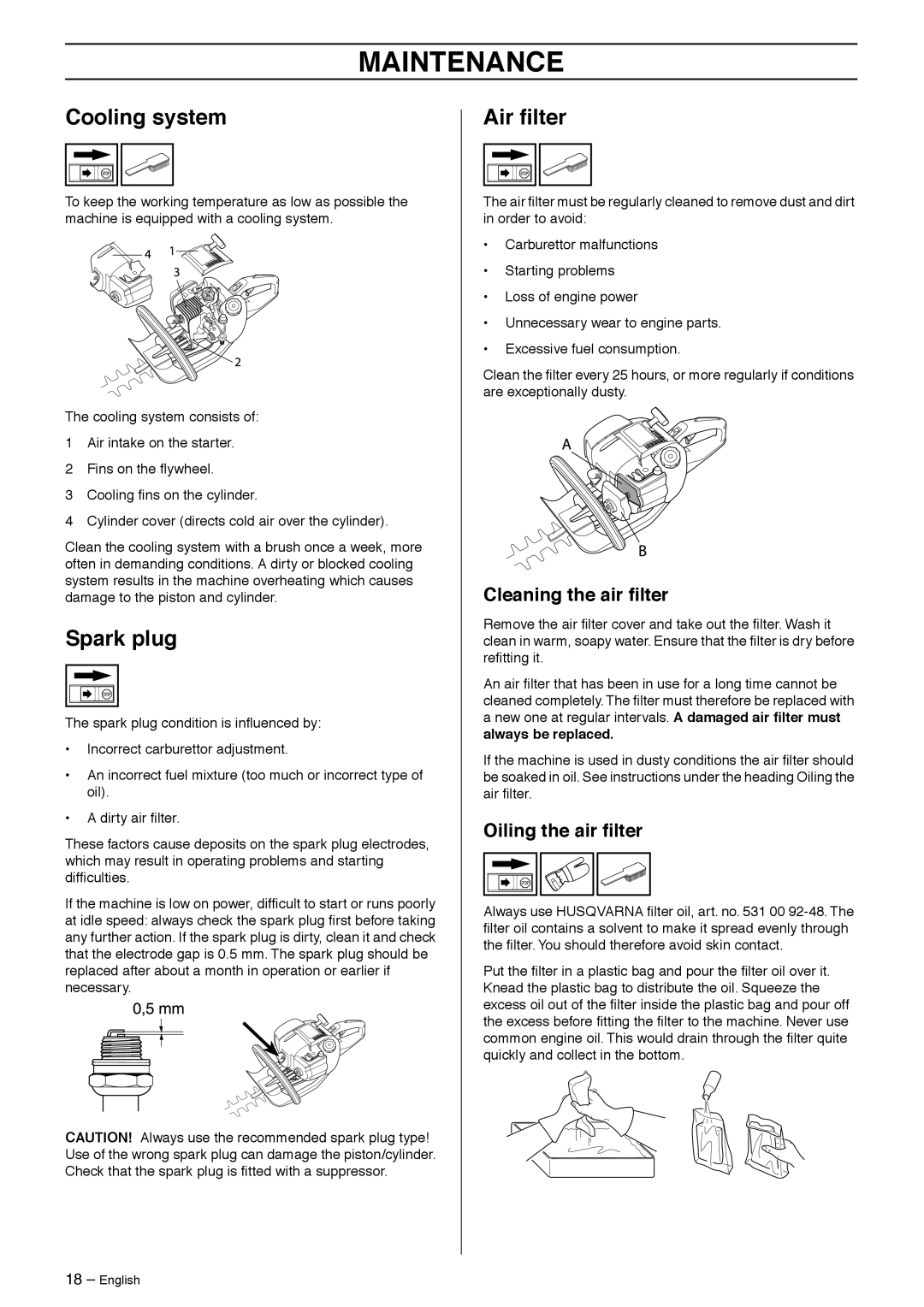 Husqvarna 323HD60, 325HD60X-Series, 325HD75X-Series manual Cooling system, Spark plug, Air ﬁlter, Cleaning the air ﬁlter 