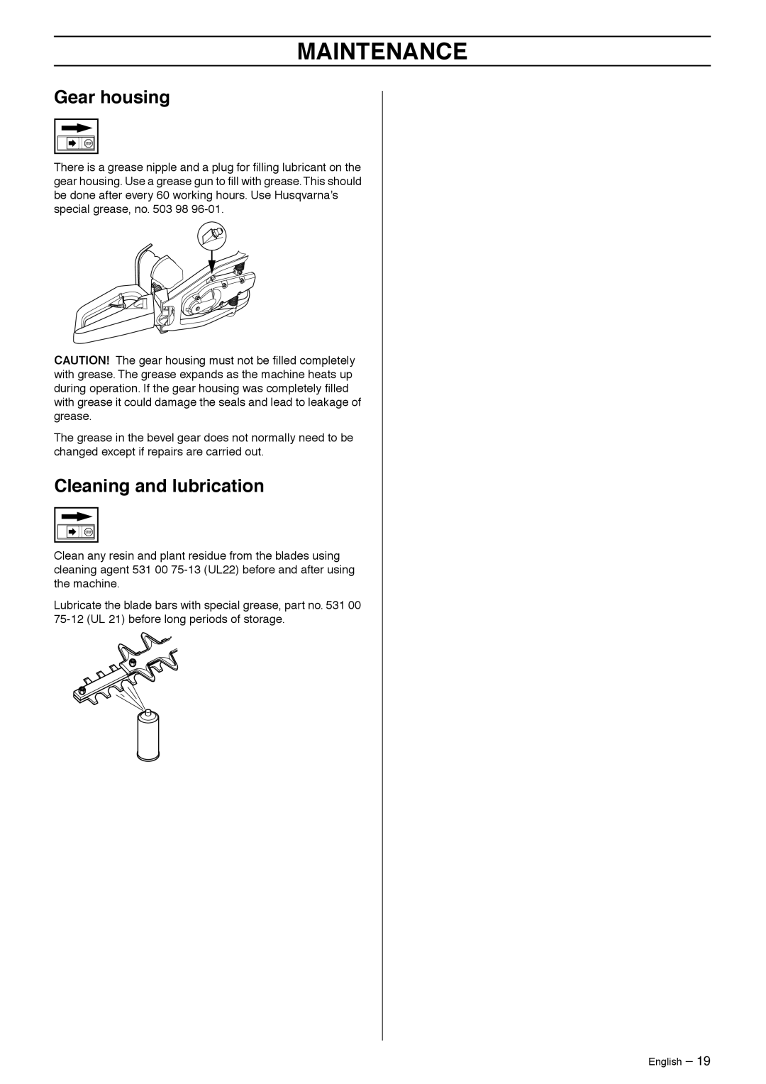 Husqvarna 323HD60, 325HD60X-Series, 325HD75X-Series manual Gear housing, Cleaning and lubrication 