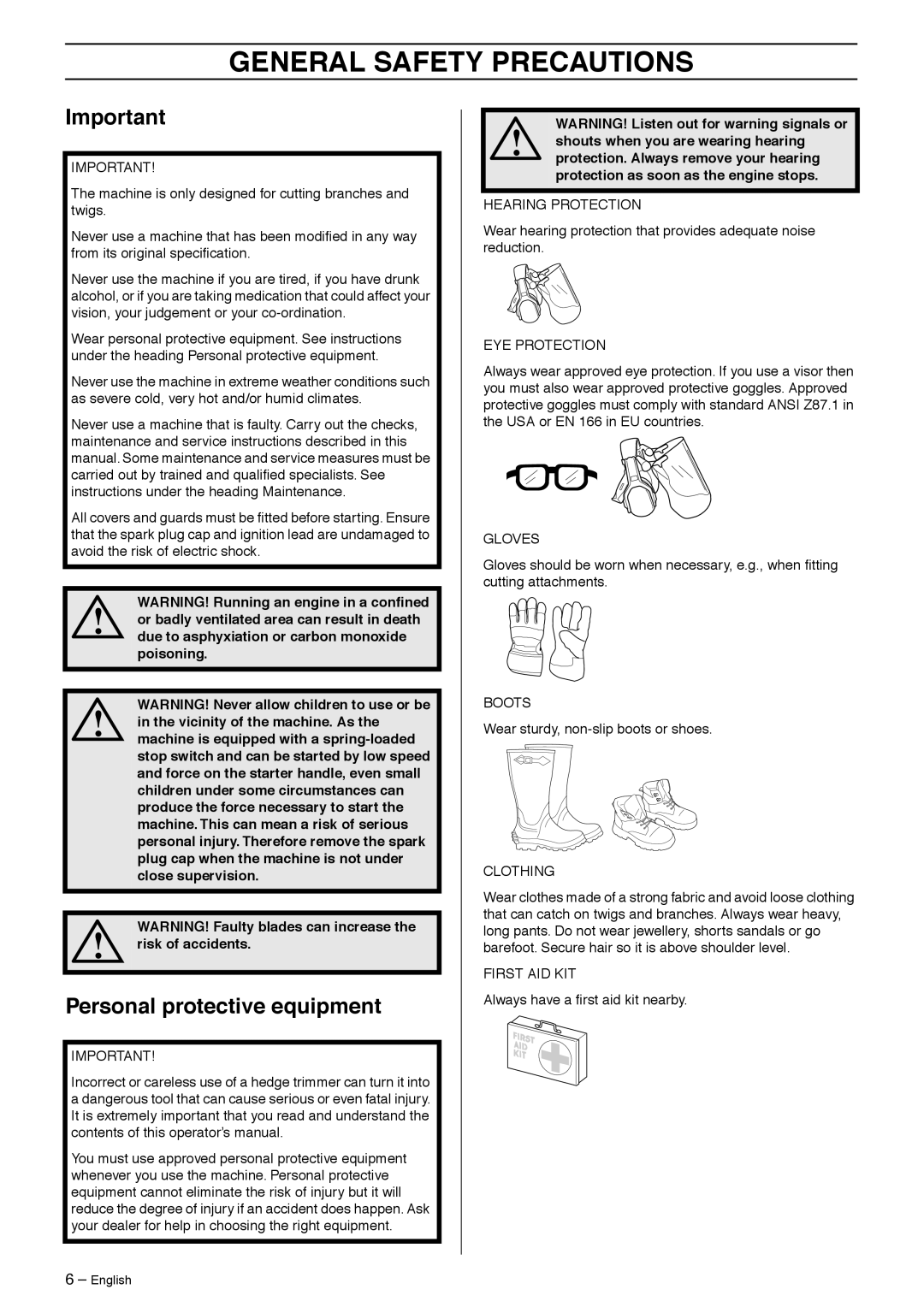 Husqvarna 323HD60, 325HD60X-Series, 325HD75X-Series manual General Safety Precautions, Personal protective equipment 