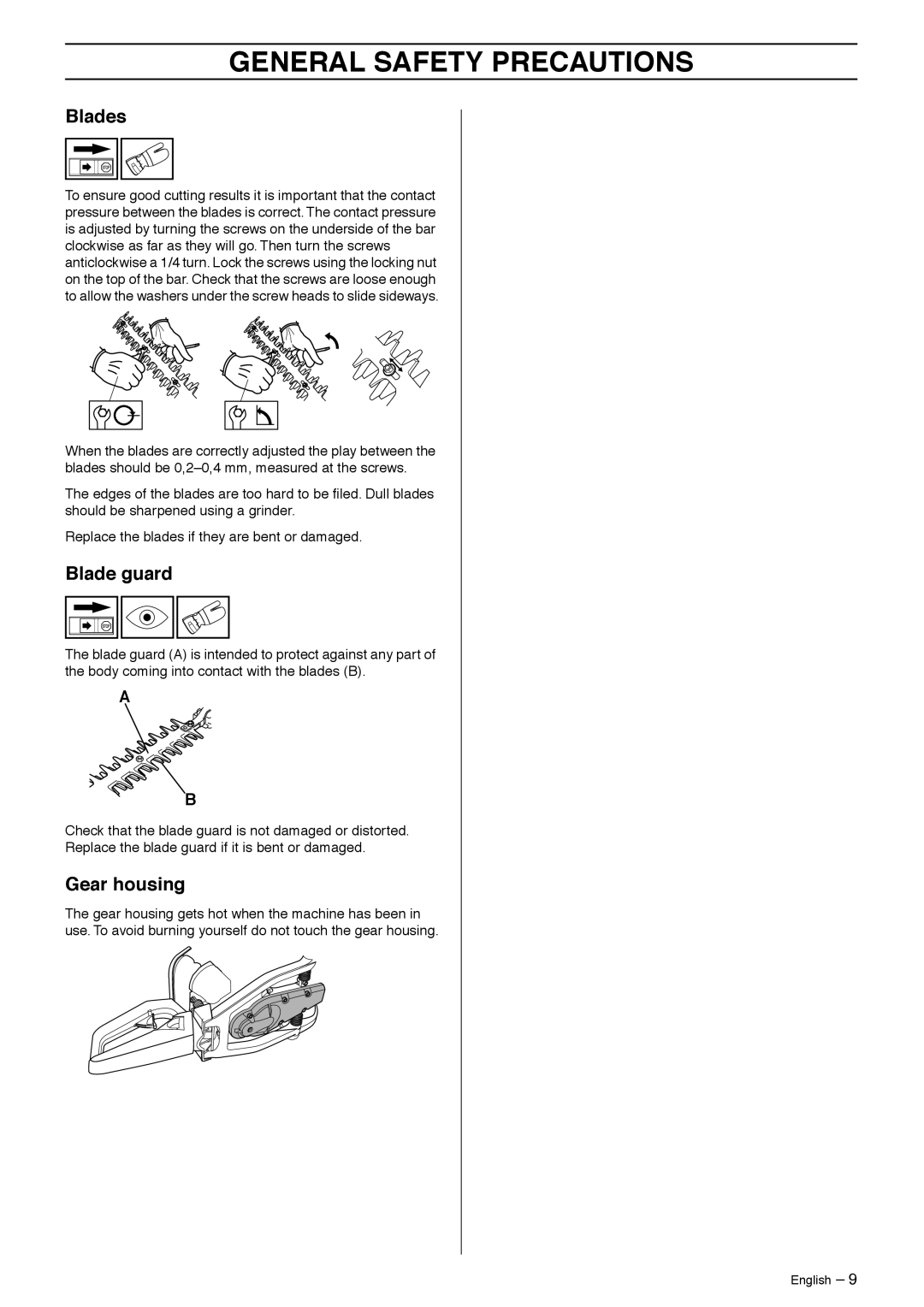 Husqvarna 323HD60, 325HD60X-Series, 325HD75X-Series manual Blades, Blade guard, Gear housing 