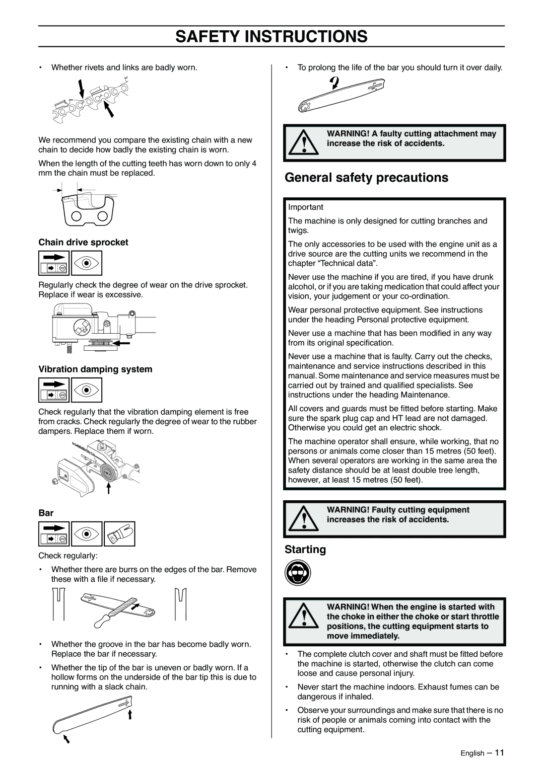 Husqvarna 323P4, 325P5 manual General safety precautions, Starting, Chain drive sprocket, Vibration damping system 