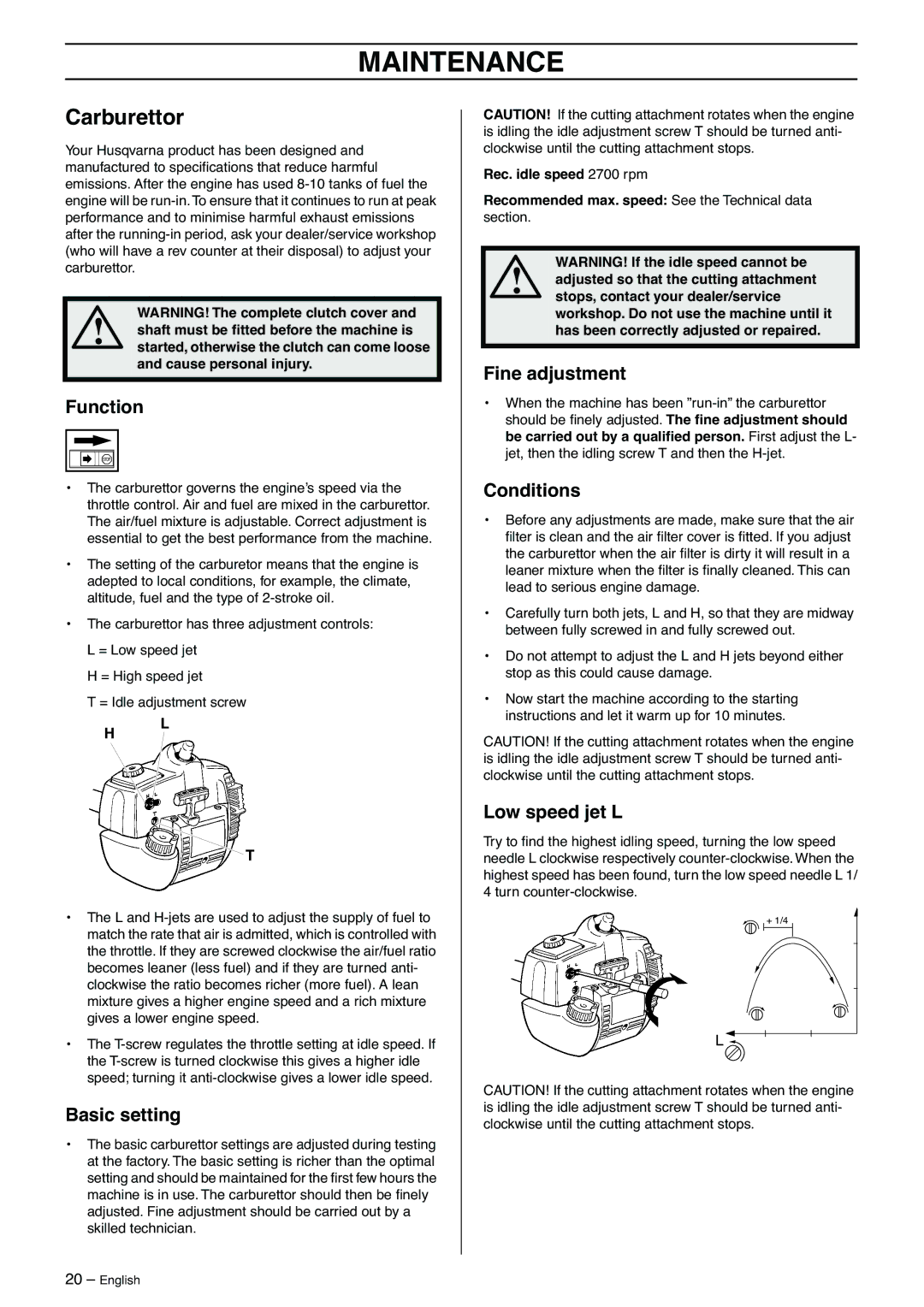 Husqvarna 323P4, 325P5 manual Maintenance, Carburettor 