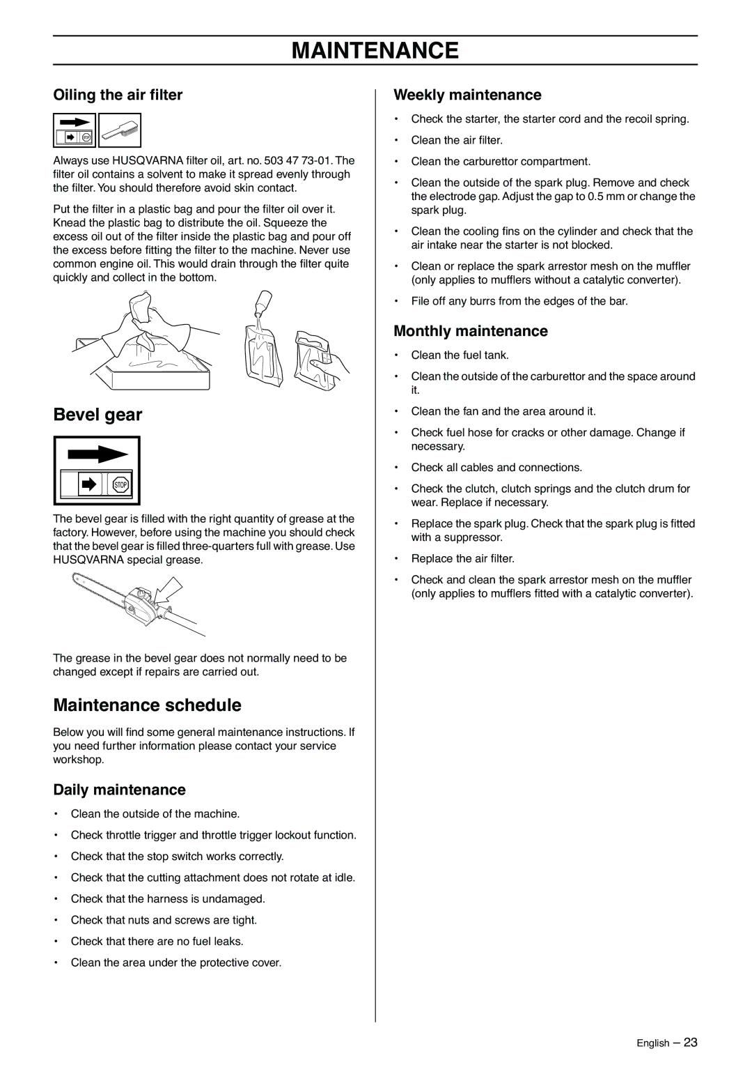 Husqvarna 323P4, 325P5 manual Bevel gear, Maintenance schedule 
