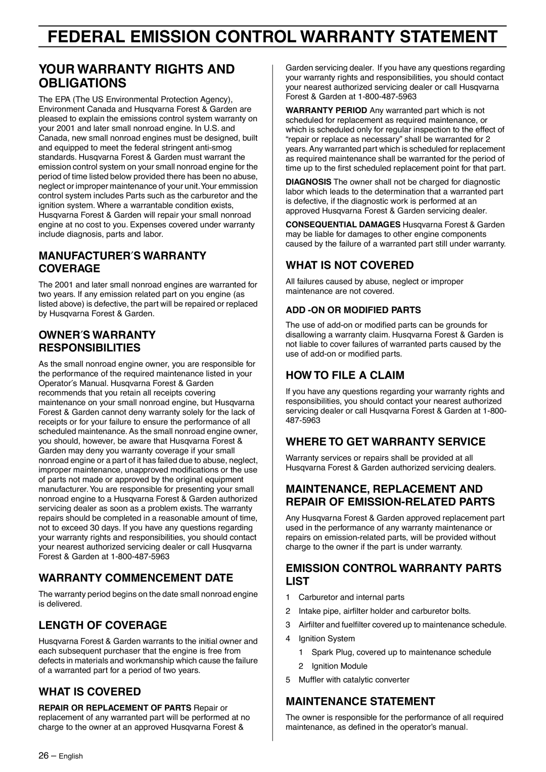 Husqvarna 323P4, 325P5 manual Federal Emission Control Warranty Statement, Your Warranty Rights and Obligations 