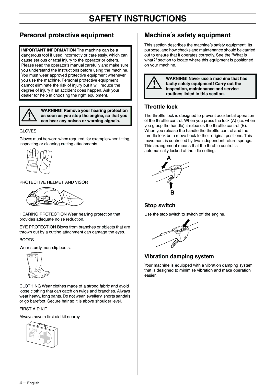 Husqvarna 323P4, 325P5 manual Safety Instructions, Personal protective equipment, Machine′s safety equipment 