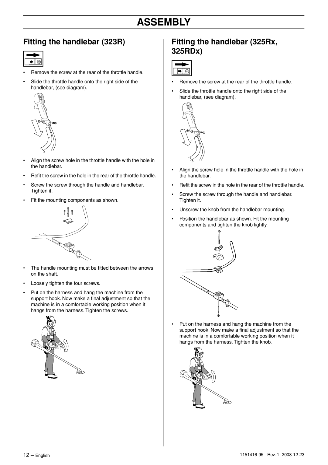 Husqvarna 325RX, 325RDX manual Assembly, Fitting the handlebar 323R, Fitting the handlebar 325Rx, 325RDx 