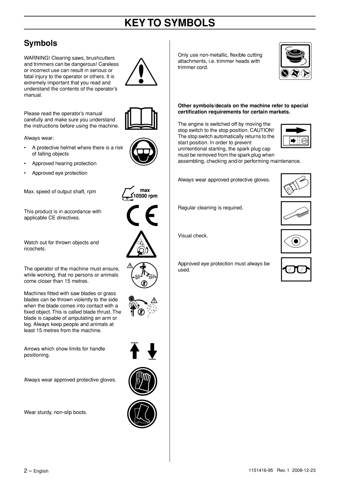 Husqvarna 325RDX, 323R, 325RX manual KEY to Symbols 