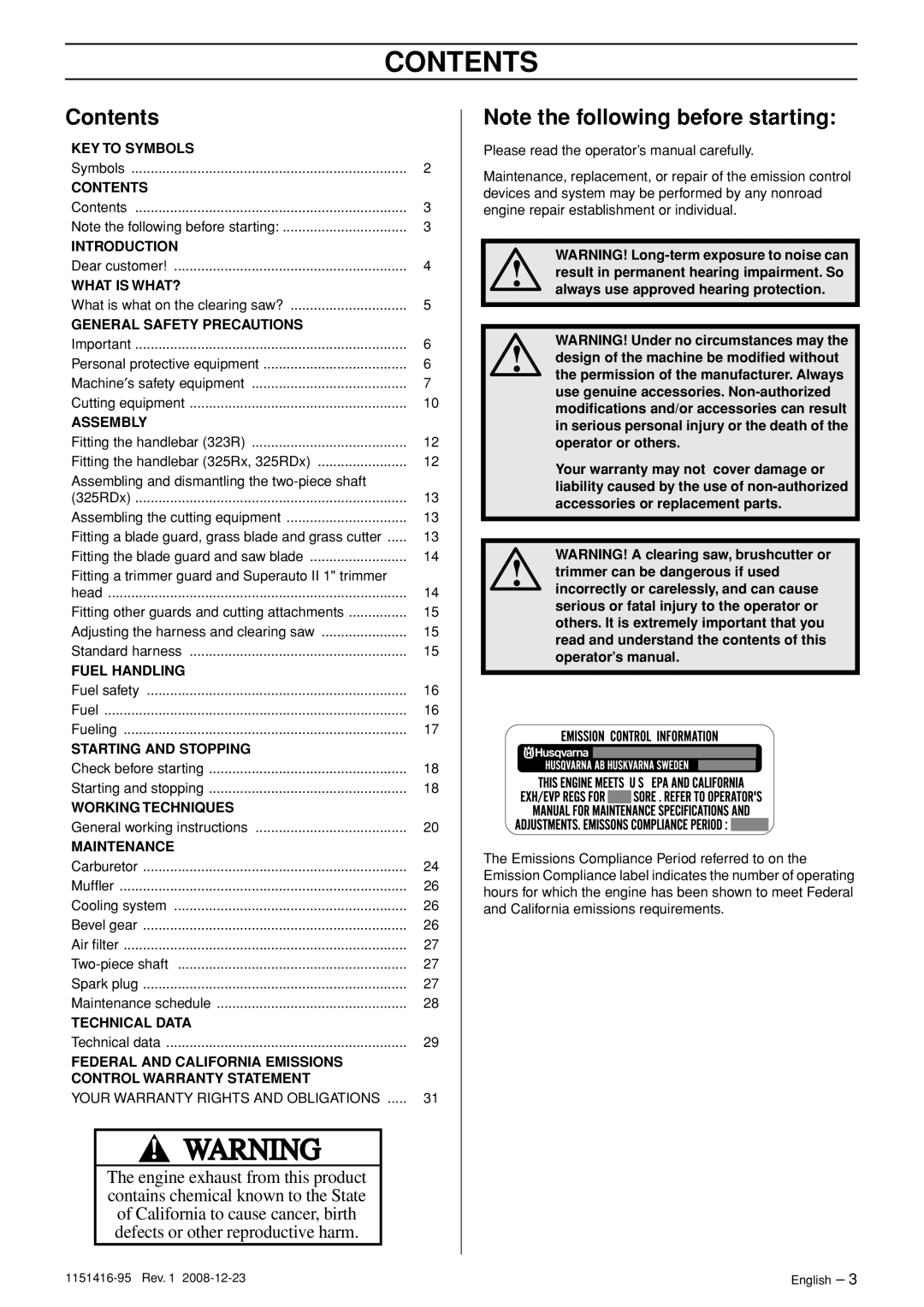 Husqvarna 323R, 325RX, 325RDX manual Contents 