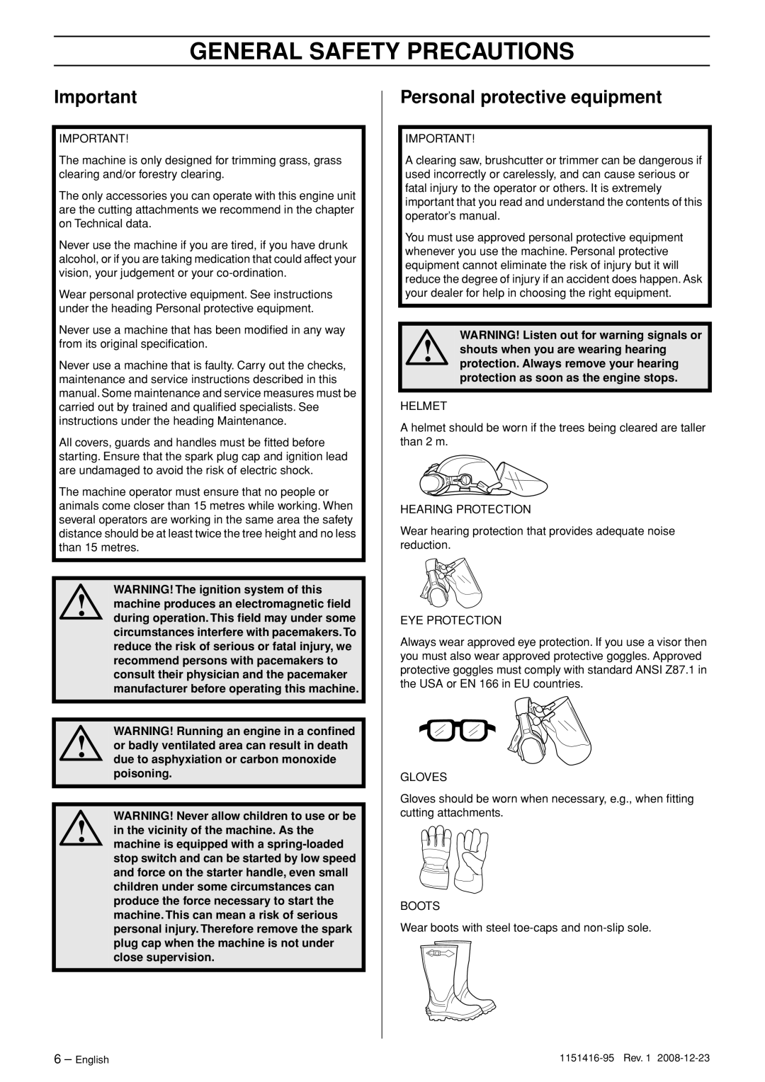 Husqvarna 323R, 325RX, 325RDX manual General Safety Precautions, Personal protective equipment 