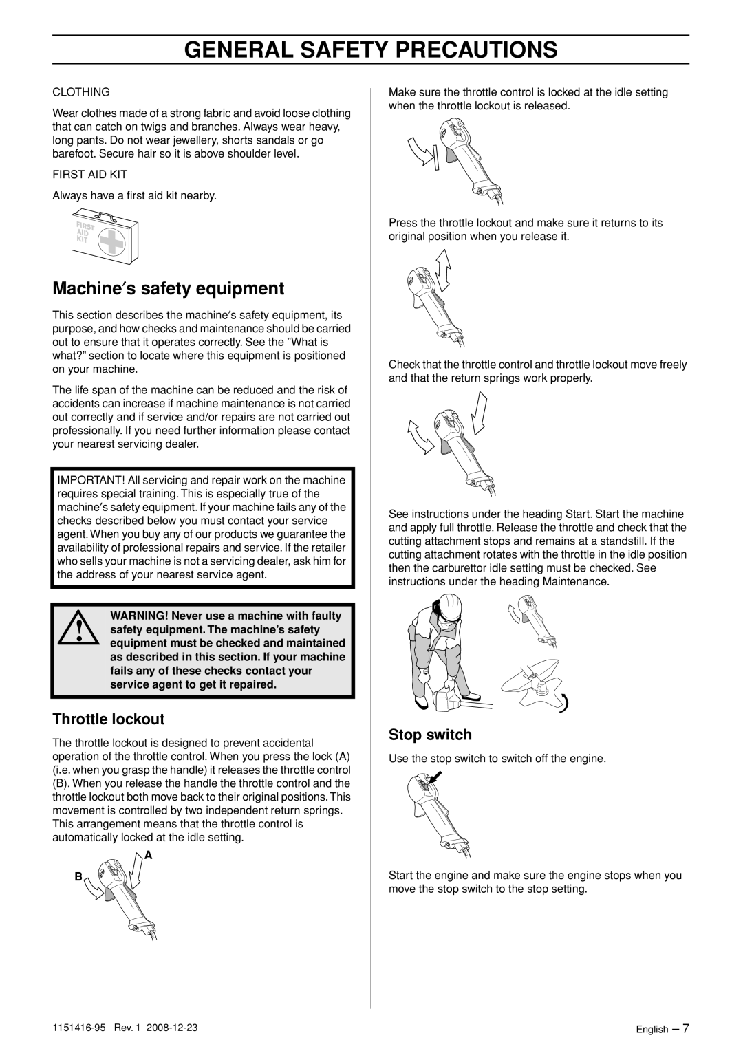 Husqvarna 325RX, 323R, 325RDX manual Machine′s safety equipment, Throttle lockout, Stop switch 