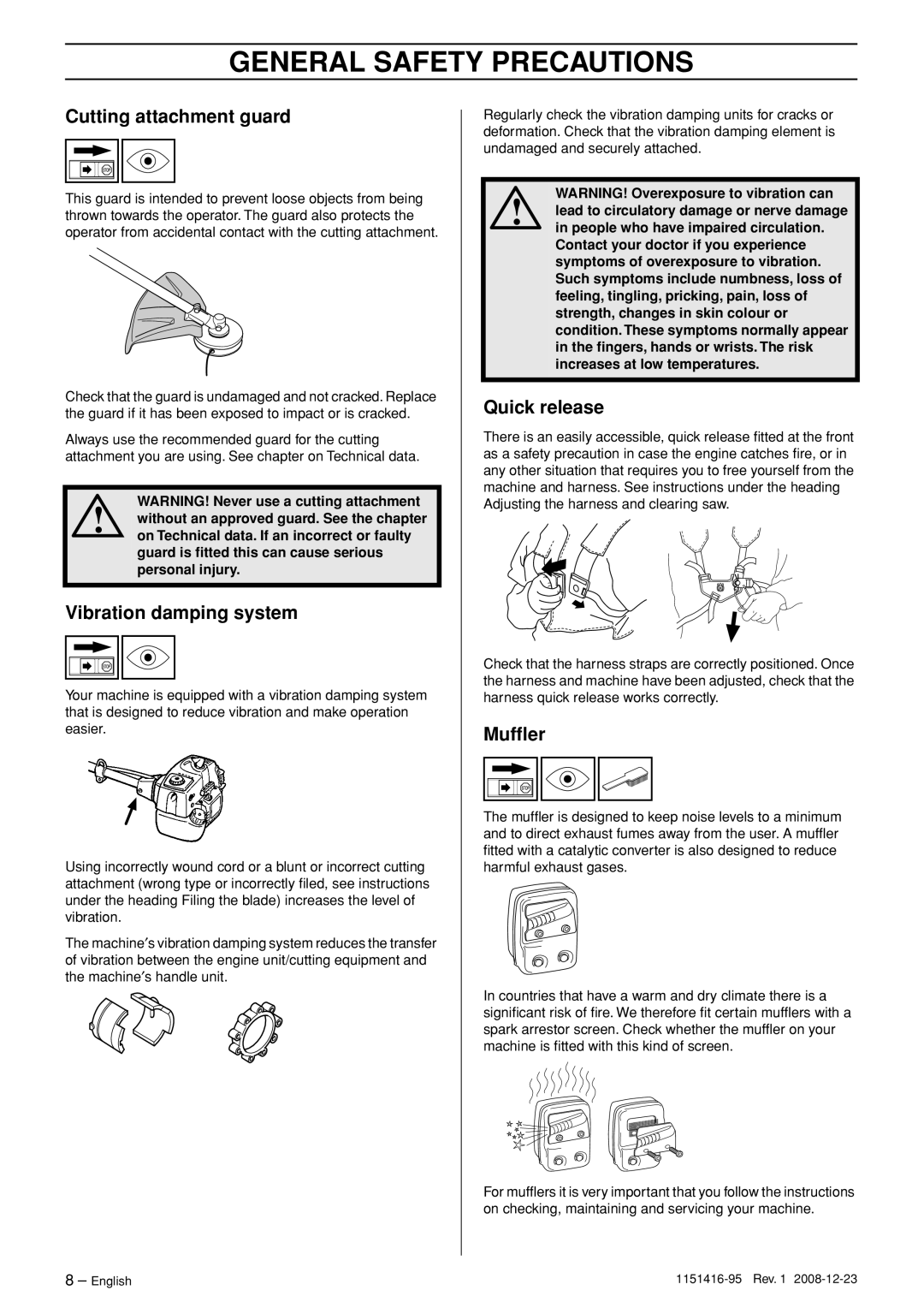 Husqvarna 325RDX, 323R, 325RX manual Cutting attachment guard, Vibration damping system, Quick release, Mufﬂer 