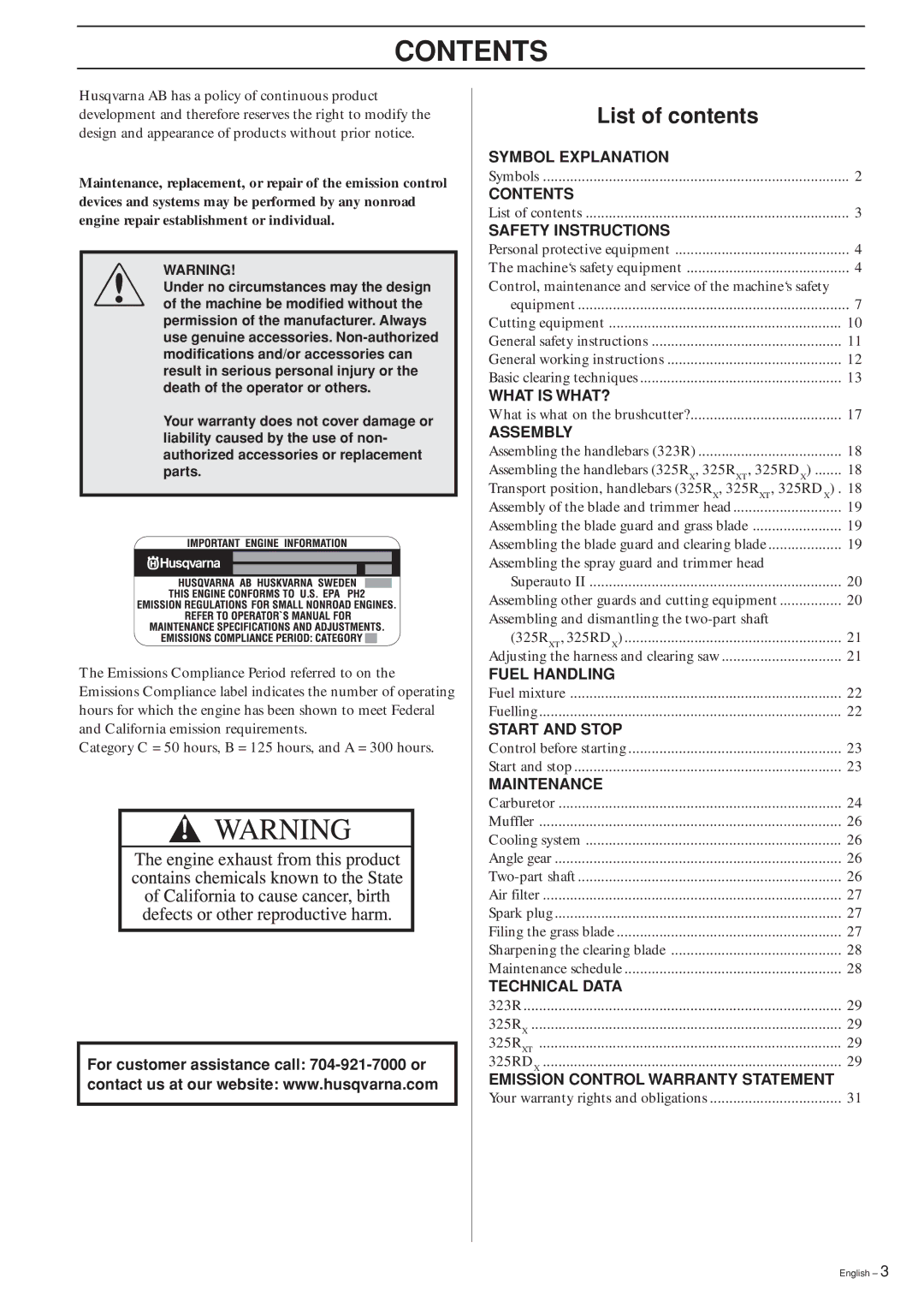 Husqvarna 323R, 325RX-Series, 325RDX-Series, 325RXT-Series manual Contents 