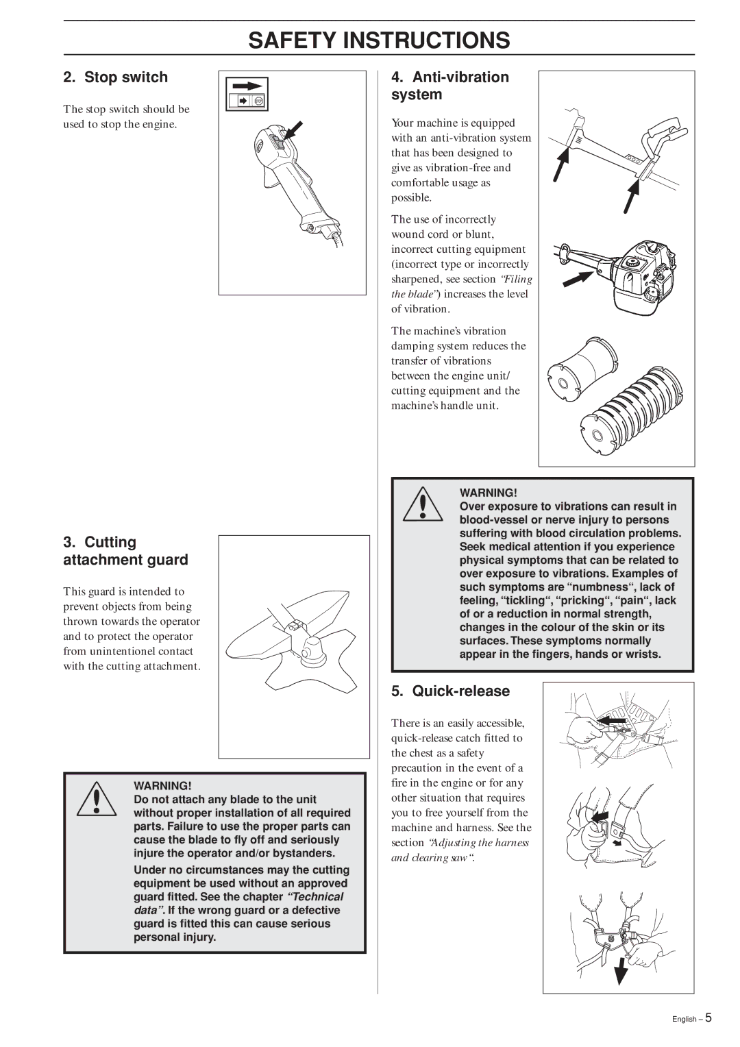 Husqvarna 325RXT-Series, 325RDX-Series manual Stop switch, Cutting attachment guard, Anti-vibration system, Quick-release 