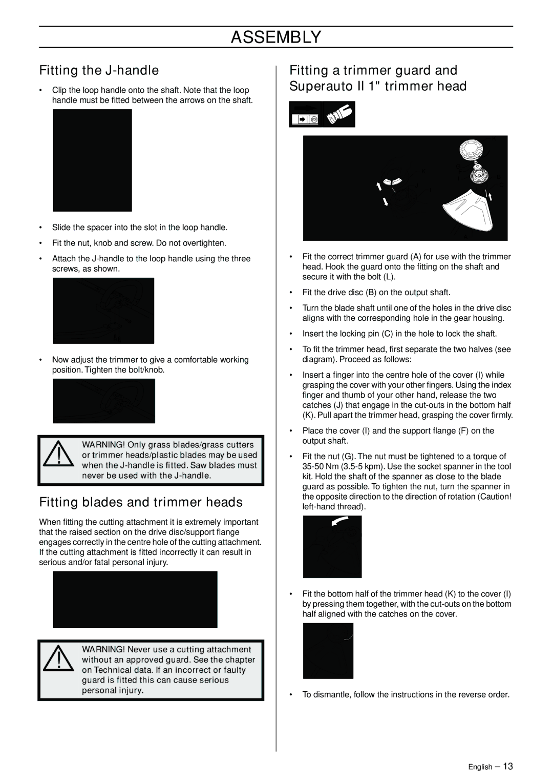 Husqvarna 323RJ, 325RJX-Series manual Assembly, Fitting the J-handle, Fitting blades and trimmer heads 