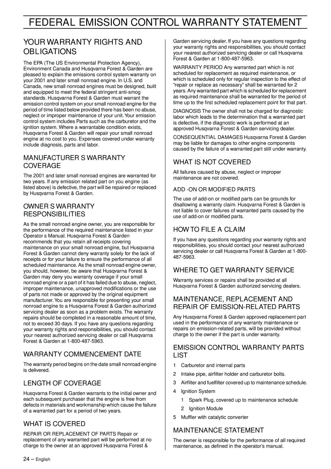 Husqvarna 323RJ, 325RJX-Series manual Federal Emission Control Warranty Statement, Your Warranty Rights and Obligations 