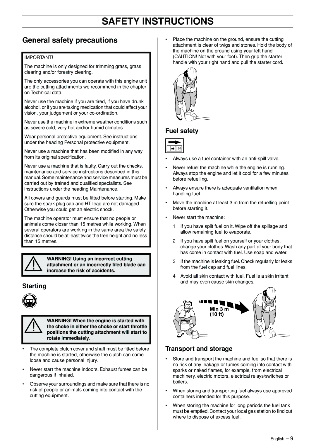 Husqvarna 323RJ, 325RJX-Series manual General safety precautions, Starting, Fuel safety, Transport and storage 