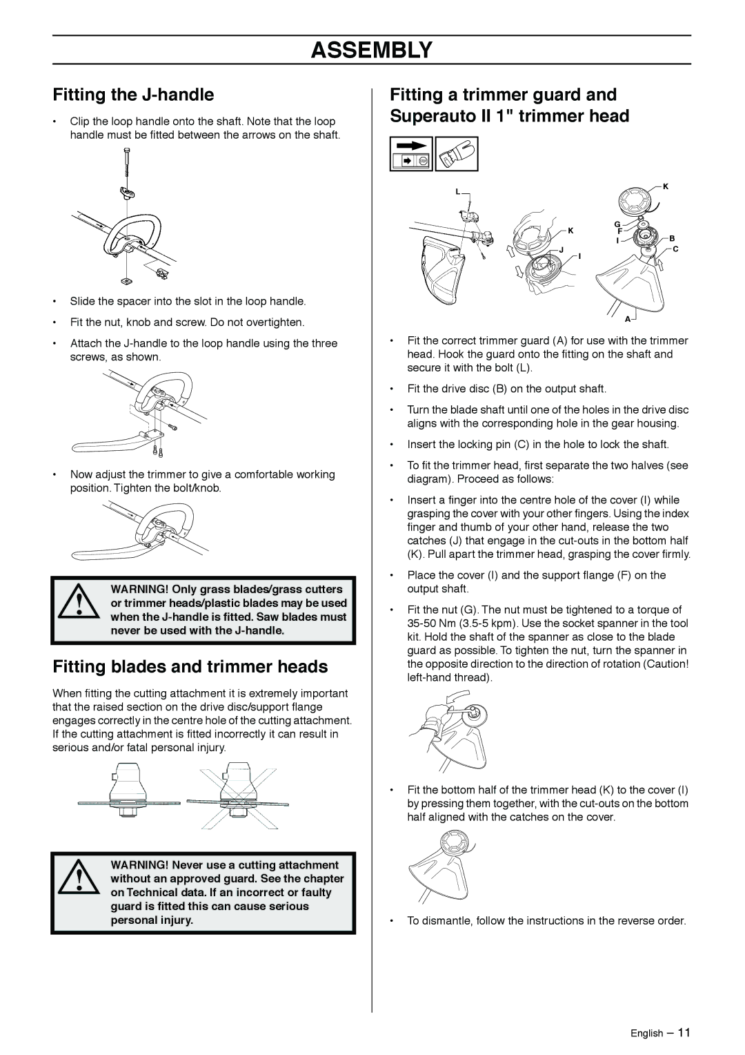 Husqvarna 323RJ manual Assembly, Fitting the J-handle, Fitting blades and trimmer heads 