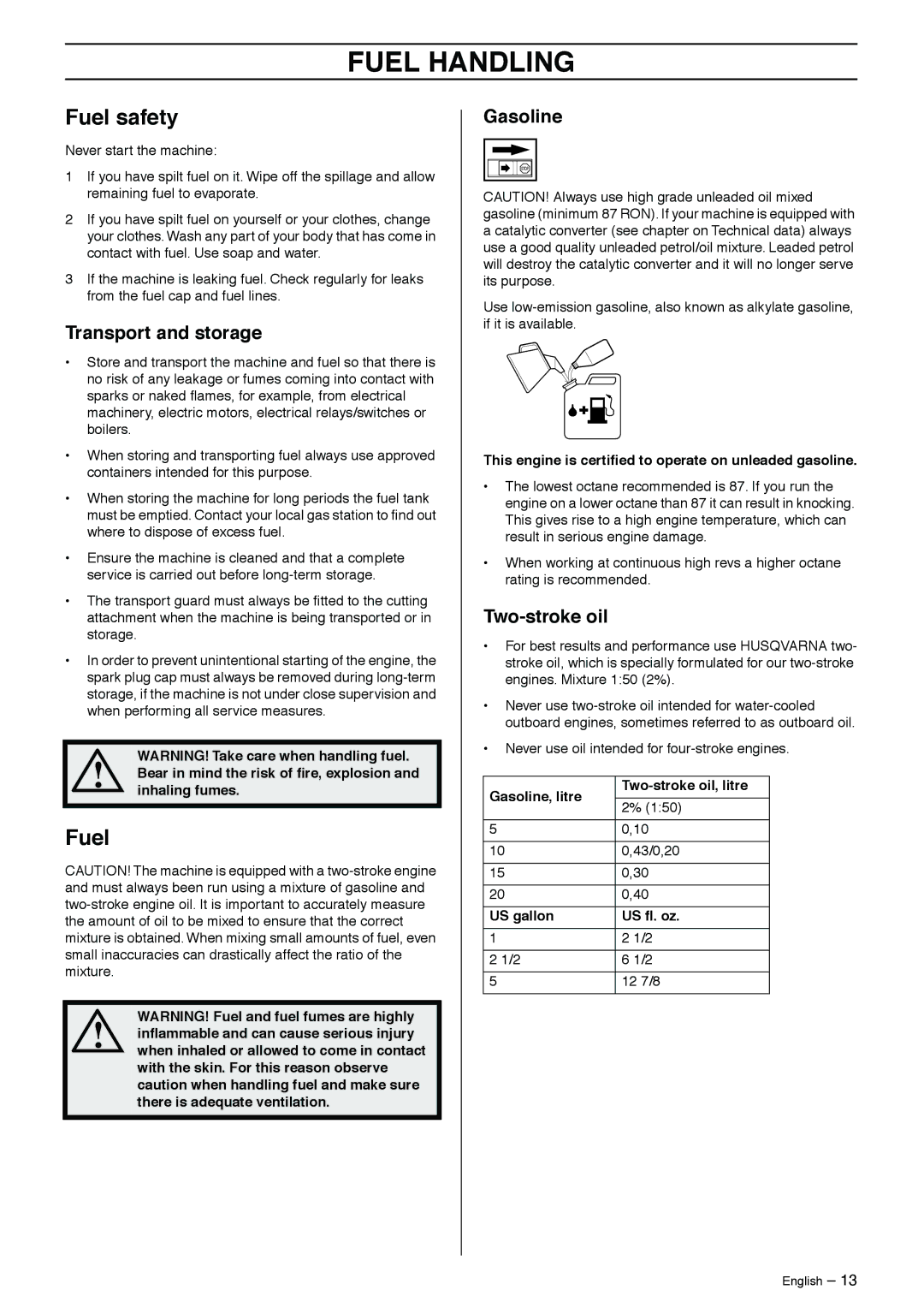 Husqvarna 323RJ manual Fuel Handling, Fuel safety 