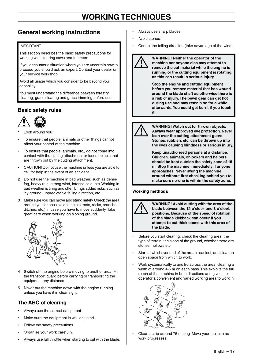 Husqvarna 323RJ manual Working Techniques, General working instructions, Basic safety rules, ABC of clearing 