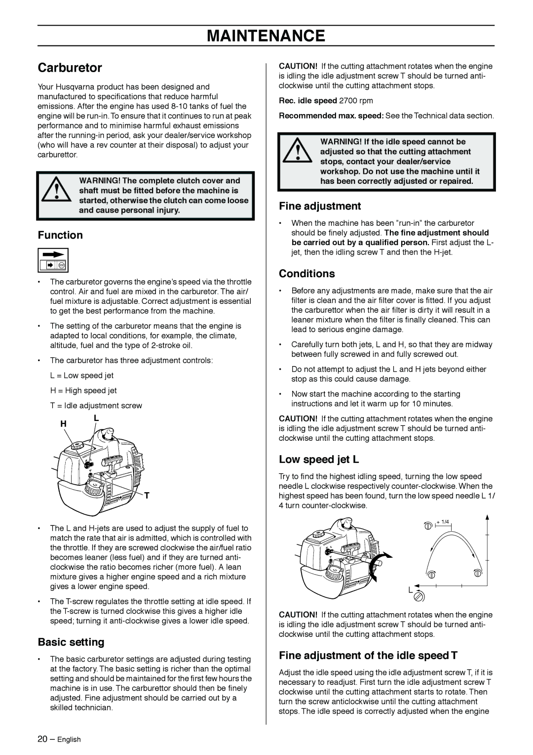 Husqvarna 323RJ manual Maintenance, Carburetor 