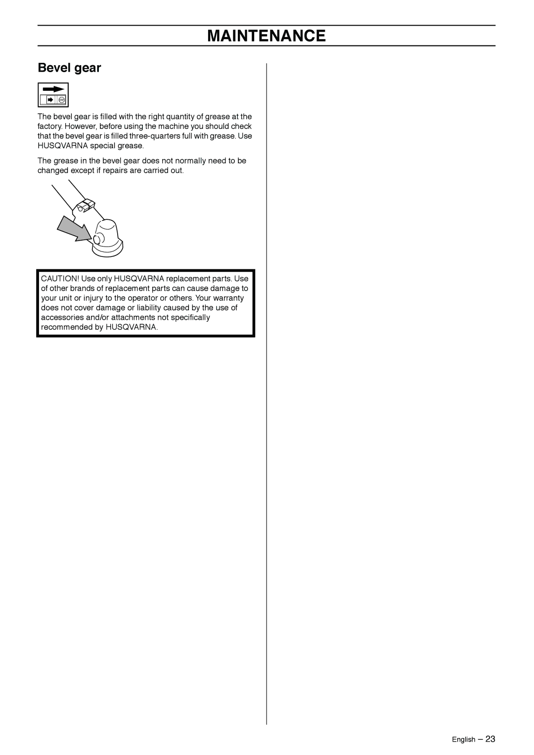 Husqvarna 323RJ manual Bevel gear 