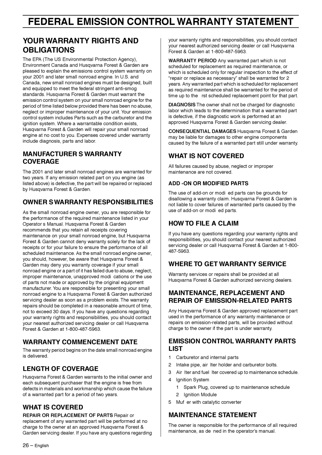 Husqvarna 323RJ manual Federal Emission Control Warranty Statement, Your Warranty Rights and Obligations 